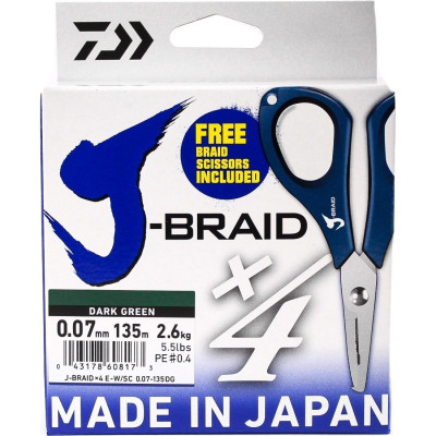 Шнур DAIWA J-Braid X4E-W/SC 0,07мм 135м dark green + ножницы